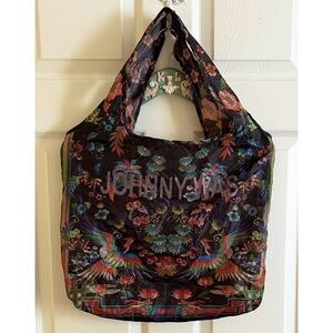 Johnny Was Black Floral Phoenix Bird Print Nylon Reusable Tote Bag